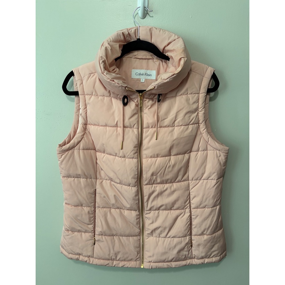 Calvin Klein Womens Pink Quilted Puffer Vest Full Zip Funnel Neck Large